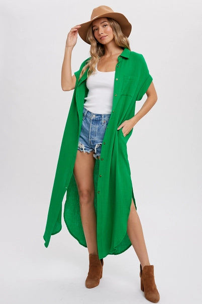 Button Up Maxi Shirt Dress with Pocket- Kelly Green