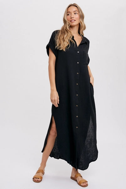 Button Up Maxi Shirt Dress with Pockets- Black