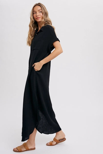 Button Up Maxi Shirt Dress with Pockets- Black