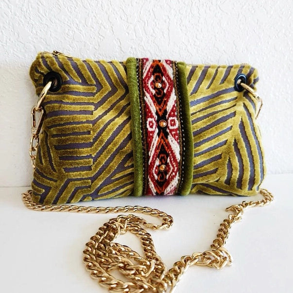 Chartreuse Velvet with Hand Woven Peruvian Trim Crossbody Bag