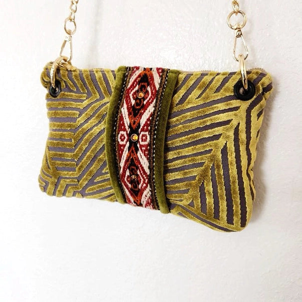 Chartreuse Velvet with Hand Woven Peruvian Trim Crossbody Bag