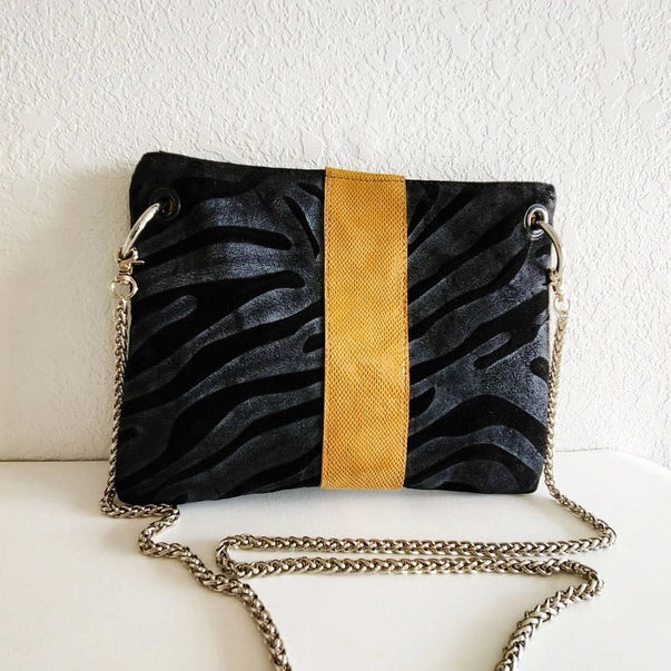 Black/Grey Zebra Crossbody with Camel Snakeprint Focal