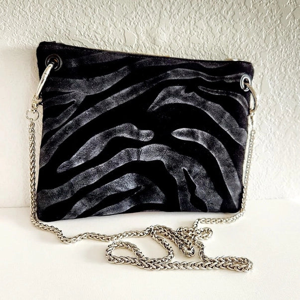 Black/Grey Zebra Crossbody with Camel Snakeprint Focal
