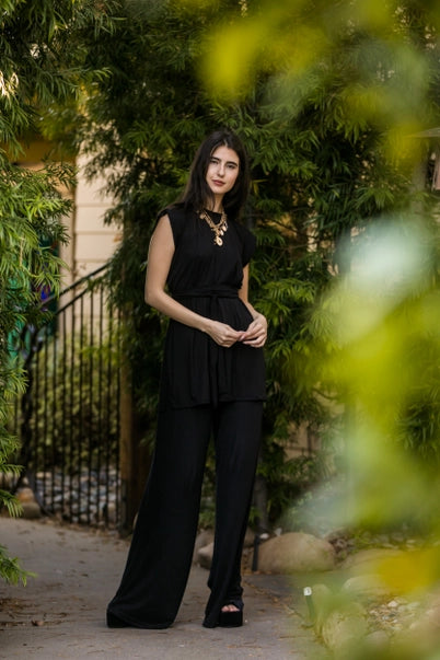 Tunic with Tie with Palazzo Pant Set- Black