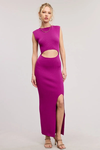 Front Cut-Out Waist Detail Midi-Long Length Bodycon Dress-Magenta