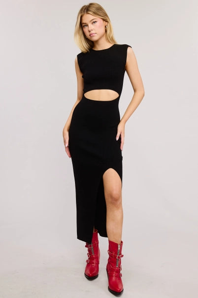 Front Cut-Out Waist Detail Midi-Long Length Bodycon Dress- Black