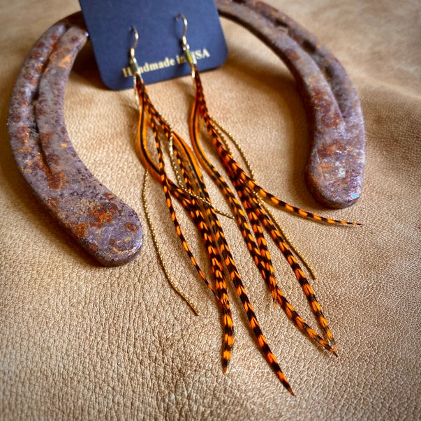 Mini Feather Earrings - Orange Grizzly/Gold