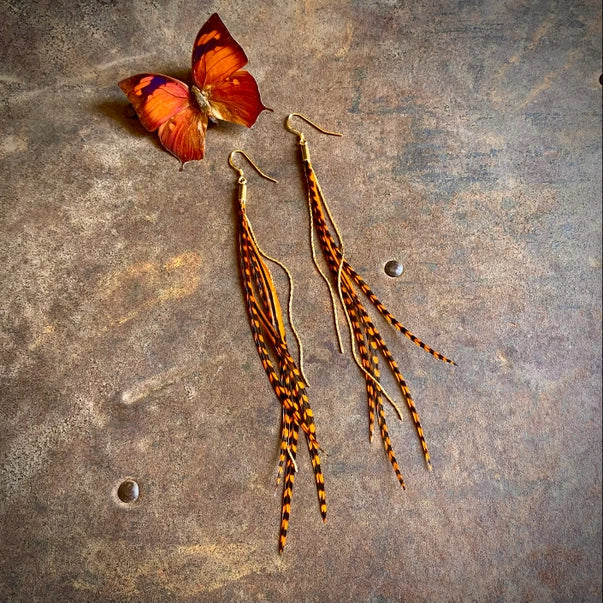 Mini Feather Earrings - Orange Grizzly/Gold