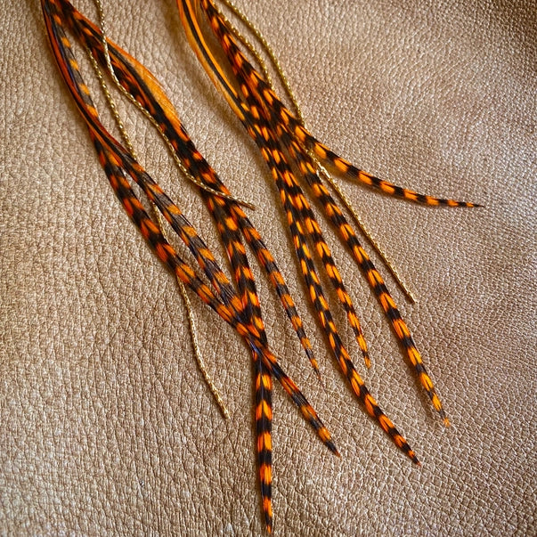 Mini Feather Earrings - Orange Grizzly/Gold