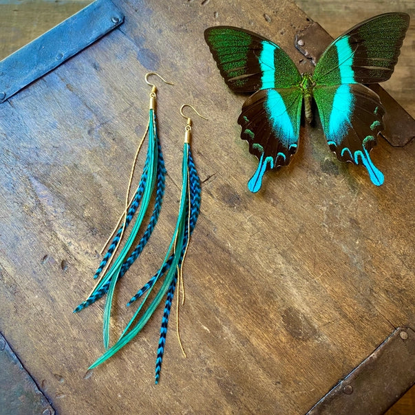 Mini Feather Earrings - Green & Turquoise/Gold