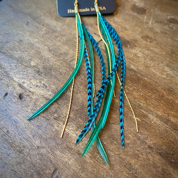 Mini Feather Earrings - Green & Turquoise/Gold