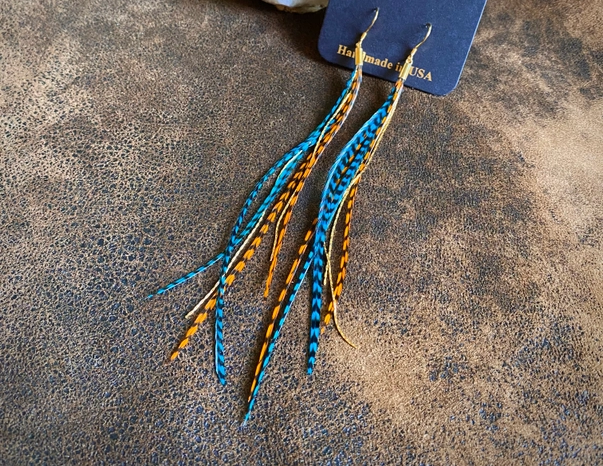 Mini Feather Earrings - Orange Grizzly & Turquoise