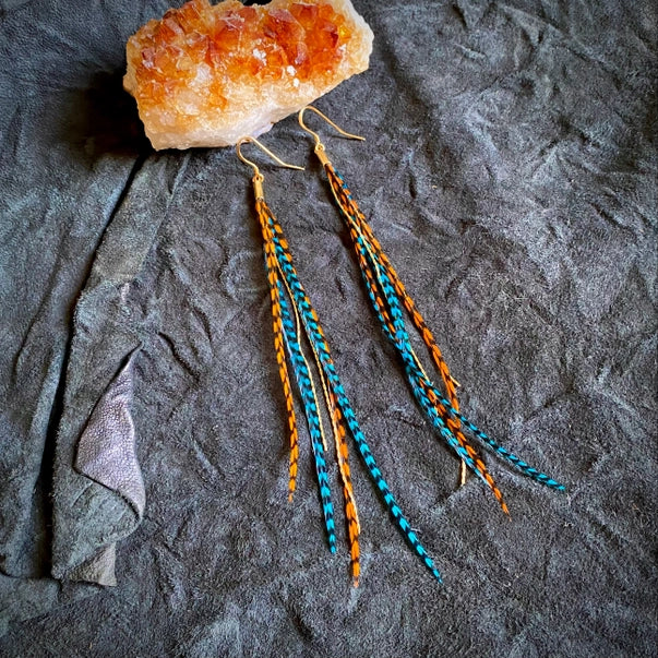 Mini Feather Earrings - Orange Grizzly & Turquoise