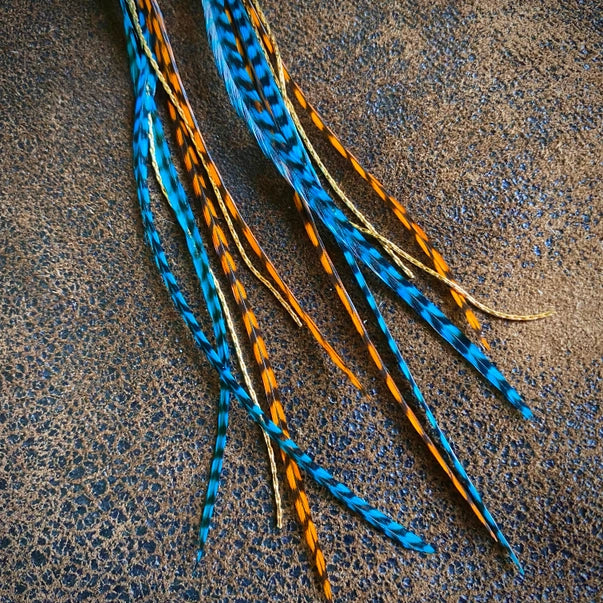 Mini Feather Earrings - Orange Grizzly & Turquoise