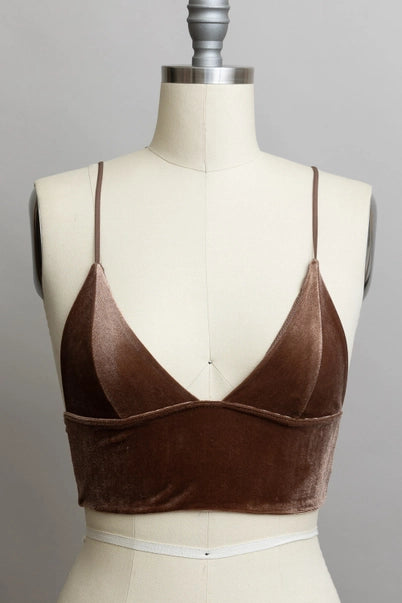 Velvet Plunge Longline Bralette - Deep V-Neck Crop Top - Mocha