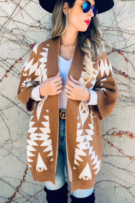 Aztec Printed Knitted Cardigan - Caramel
