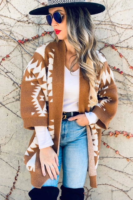 Aztec Printed Knitted Cardigan - Caramel