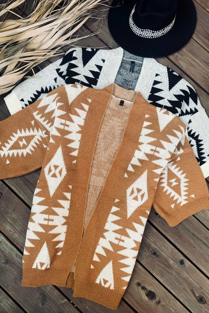 Aztec Printed Knitted Cardigan - Caramel