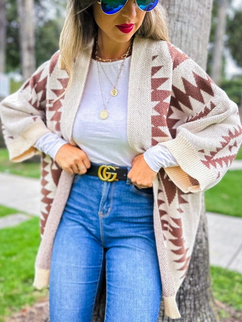 Aztec Printed Knitted Cardigan - Cream