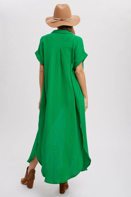 Button Up Maxi Shirt Dress with Pocket- Kelly Green