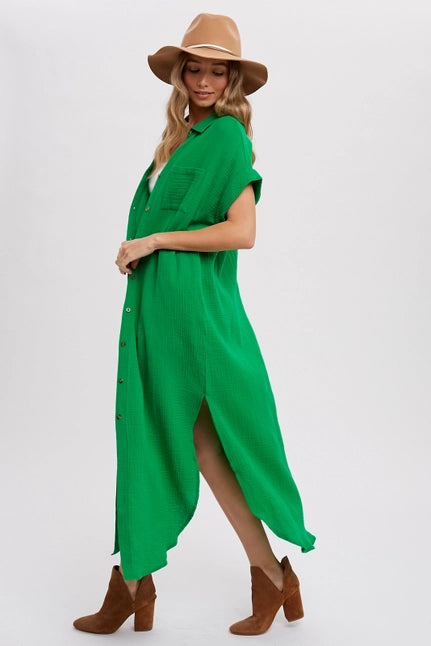 Button Up Maxi Shirt Dress with Pocket- Kelly Green