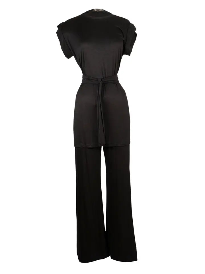 Tunic with Tie with Palazzo Pant Set- Black