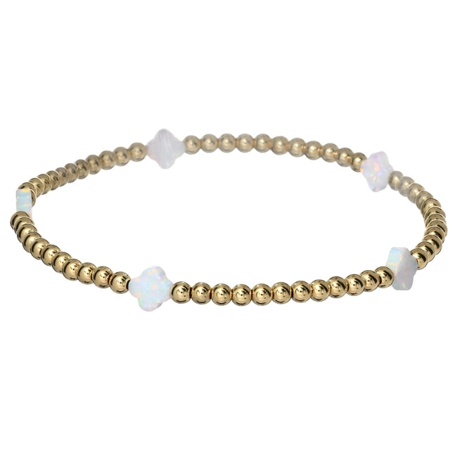 bara boheme Clover Bty | Opal Charm On 3mm Gold Filled Beads Bracelet - White