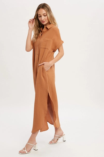 Button Up Maxi Shirt Dress with Pocket- Camel