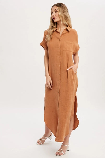 Button Up Maxi Shirt Dress with Pocket- Camel