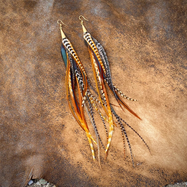 Long Feather & Cone Earrings - Cree Mix/Gold