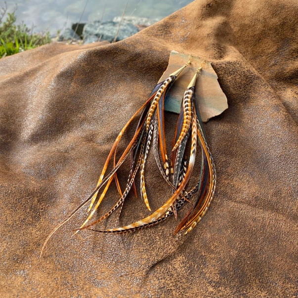 Long Feather & Cone Earrings - Cree Mix/Gold