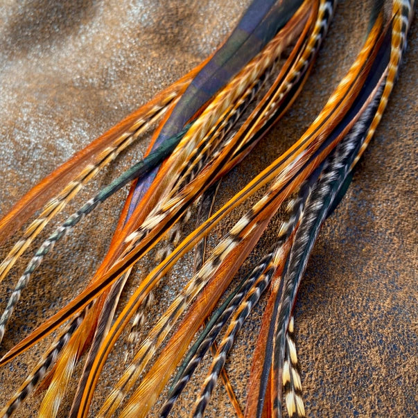 Long Feather & Cone Earrings - Cree Mix/Gold
