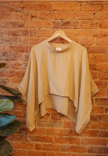 Bamboo Organic Cotton Tee Shirt, Flowy Comfy Top- Tan