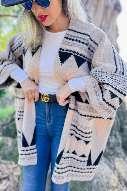 Aztec Print Soft Knit Open Front Cardigan with Pockets