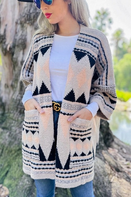 Aztec Print Soft Knit Open Front Cardigan with Pockets