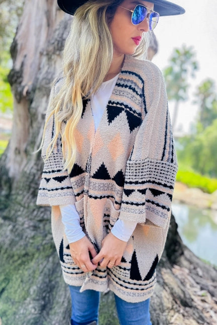 Aztec Print Soft Knit Open Front Cardigan with Pockets