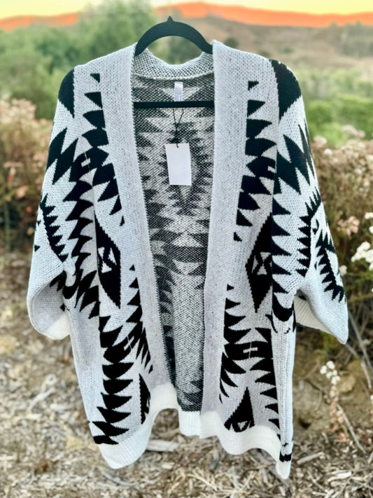 Aztec Printed Knitted Cardigan - Black/Off White