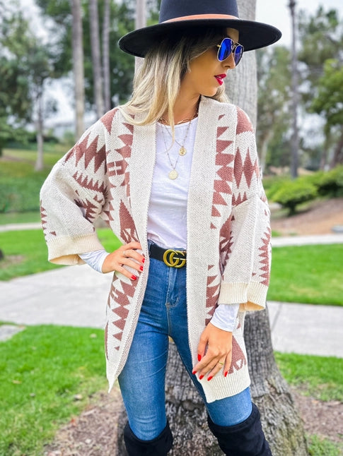 Aztec Printed Knitted Cardigan - Cream
