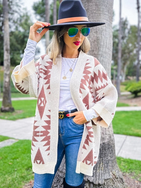 Aztec Printed Knitted Cardigan - Cream