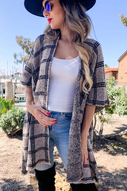 Plaid Printed Knitted Kimono Cardigan
