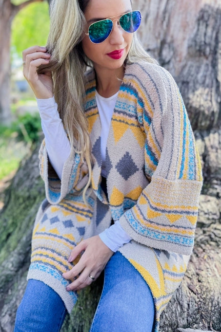 Aztec Print Soft Knit Open Front Cardigan with Pocket - Yellow