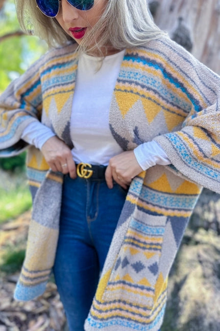Aztec Print Soft Knit Open Front Cardigan with Pocket - Yellow