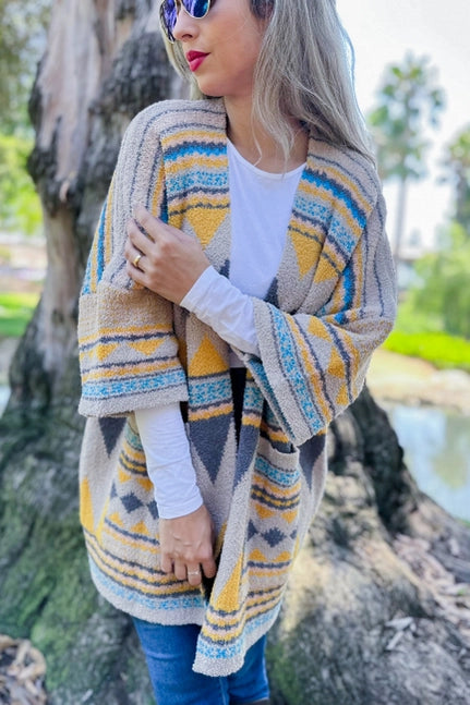 Aztec Print Soft Knit Open Front Cardigan with Pocket - Yellow